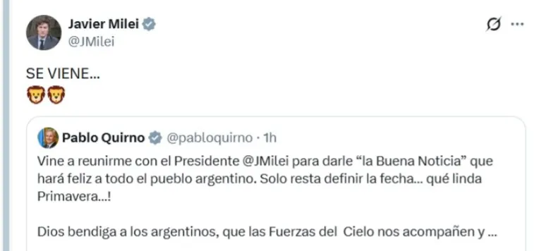 Javier Milei replicó el mensaje que despertó rumores sobre el Papa.