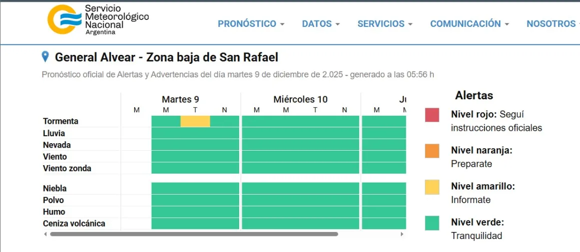Captura de pantalla del SMN con el pronóstico de alerta amarillo.