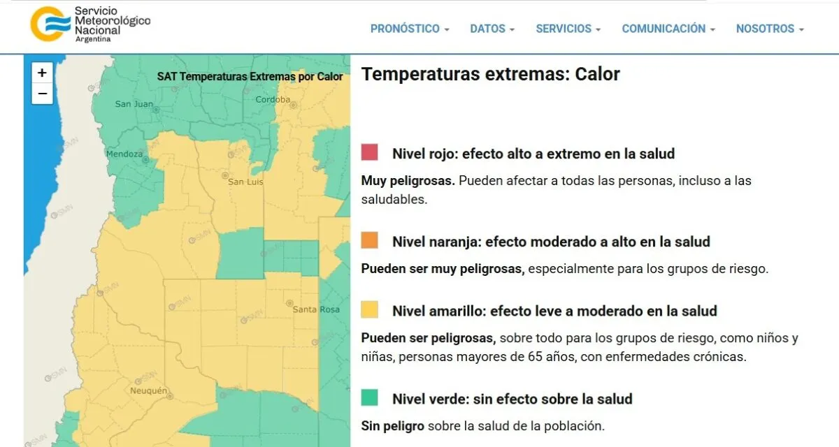 Mapa del SMN con Alerta amarilla para General Alvear y San Rafael