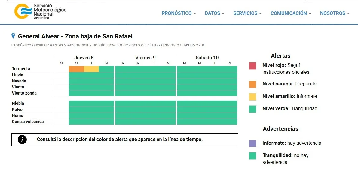 El Servicio Meteorológico Nacional mantiene alerta naranja y amarillo por tormentas para General Alvear y la zona baja de San Rafael. El Servicio Meteorológico Nacional mantiene alerta naranja y amarillo por tormentas para General Alvear y la zona baja de San Rafael.