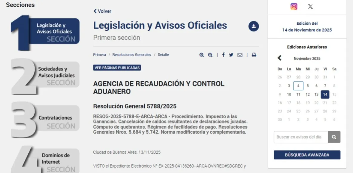 Boletín Oficial con la Resolución General 5788/2025 publicada este viernes