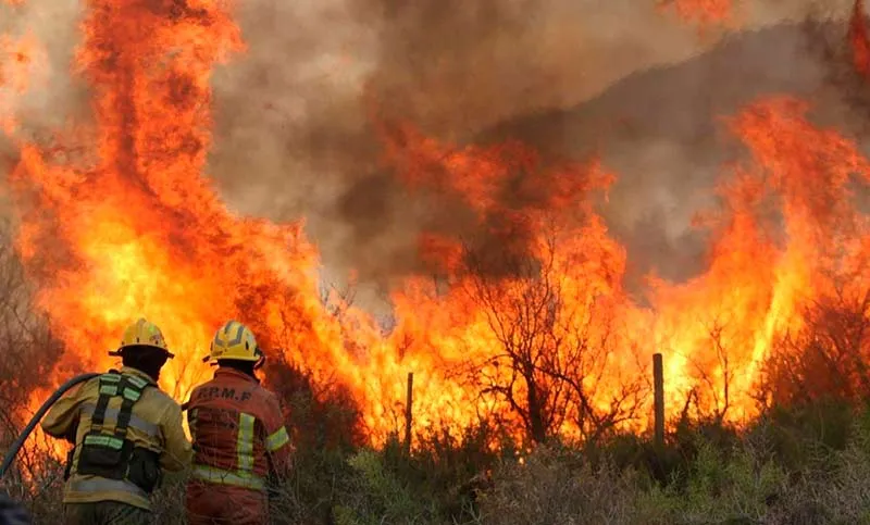 Brigadistas combaten un incendio forestal en una zona de monte seco. Brigadistas combaten un incendio forestal en una zona de monte seco.
