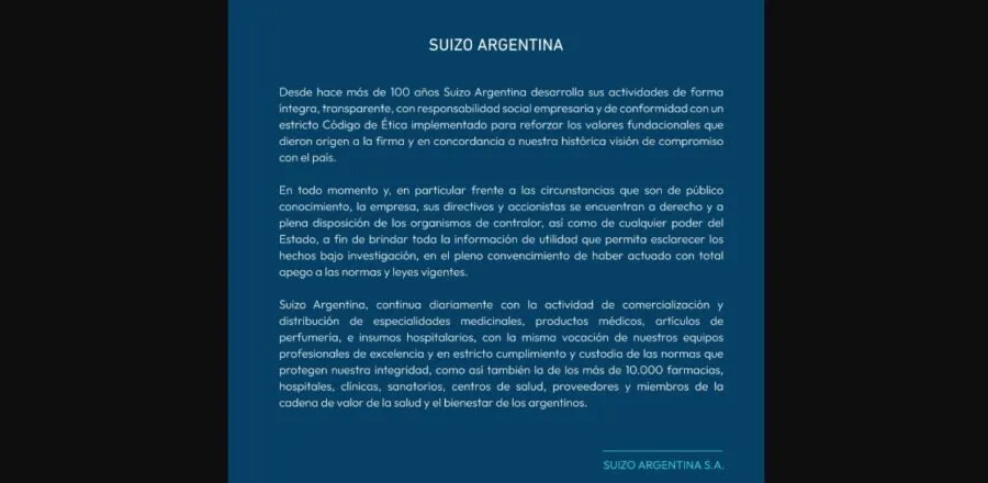 El comunicado de la Droguería Suizo Argentina