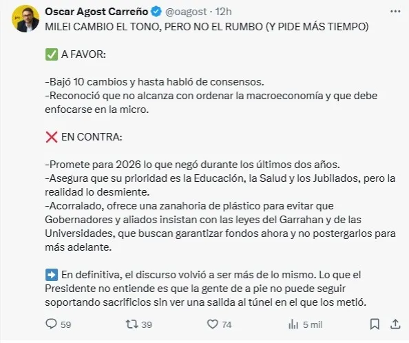 Oscar Agost Carreño advirtió que el Gobierno promete en 2026 lo que negó en años anteriores. Oscar Agost Carreño advirtió que el Gobierno promete en 2026 lo que negó en años anteriores.