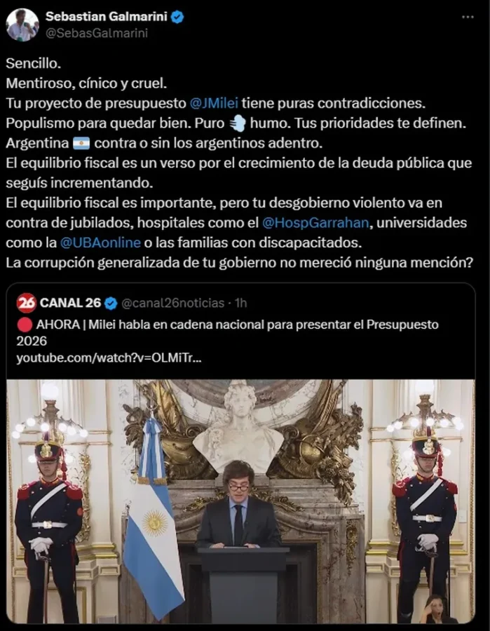 Sebastián Galmarini apuntó contra el presupuesto 2026 y lo calificó de “cínico y cruel” Sebastián Galmarini apuntó contra el presupuesto 2026 y lo calificó de “cínico y cruel”