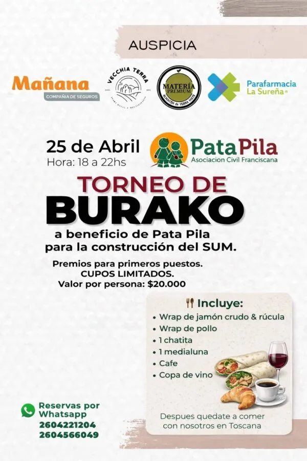 Flyer oficial del torneo solidario de burako en San Rafael