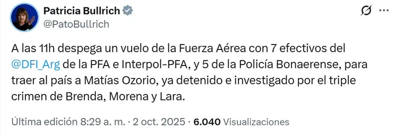Patricia Bullrich confirmó detalles del traslado del acusado. Patricia Bullrich confirmó detalles del traslado del acusado.