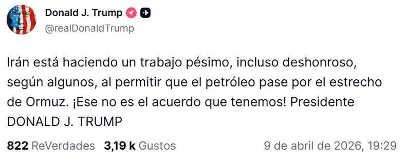 En medio de la Guerra en Medio Oriente, Donald Trump criticó a Irán en redes sociales por el control del estrecho de Ormuz y el paso de buques petroleros. En medio de la Guerra en Medio Oriente, Donald Trump criticó a Irán en redes sociales por el control del estrecho de Ormuz y el paso de buques petroleros.
