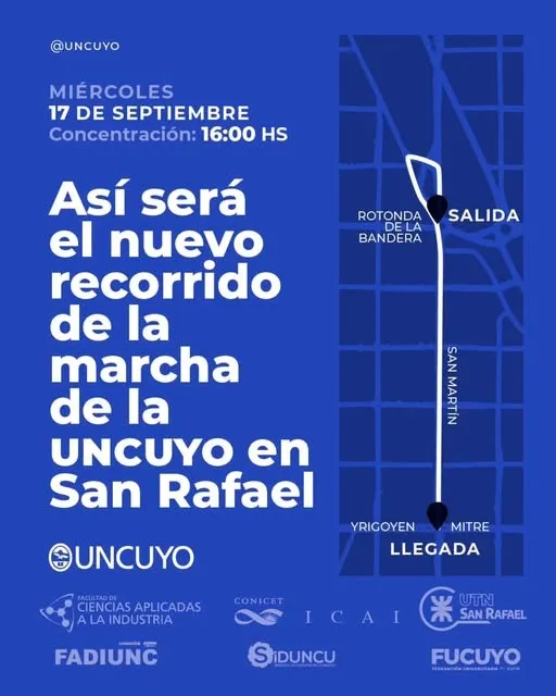 La marcha federal convoca a universidades y gremios a las 16 horas, este será el recorrido en San Rafael.