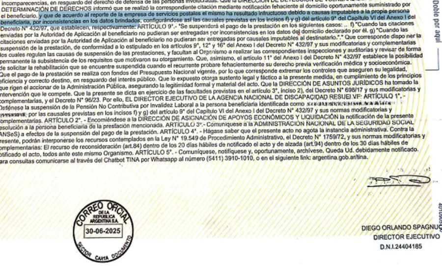 La suspensión de la pensión no contributiva por invalidez laboral, lleva la firma de Diego Orlando Spagnuolo, al igual que miles en todo el país. 