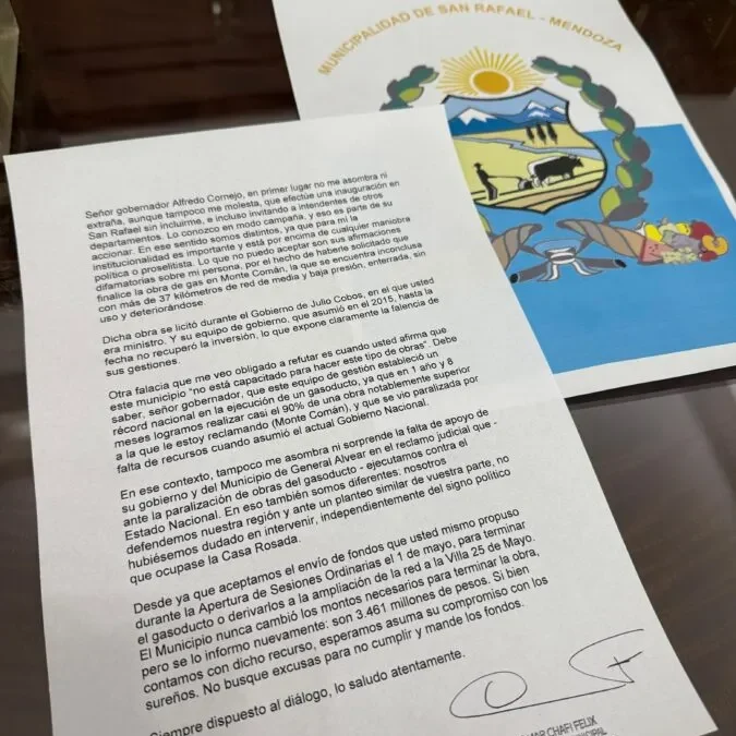 Carta del intendente de San Rafael, Omar Félix, al Gobernador de Mendoza, Alfredo Cornejo