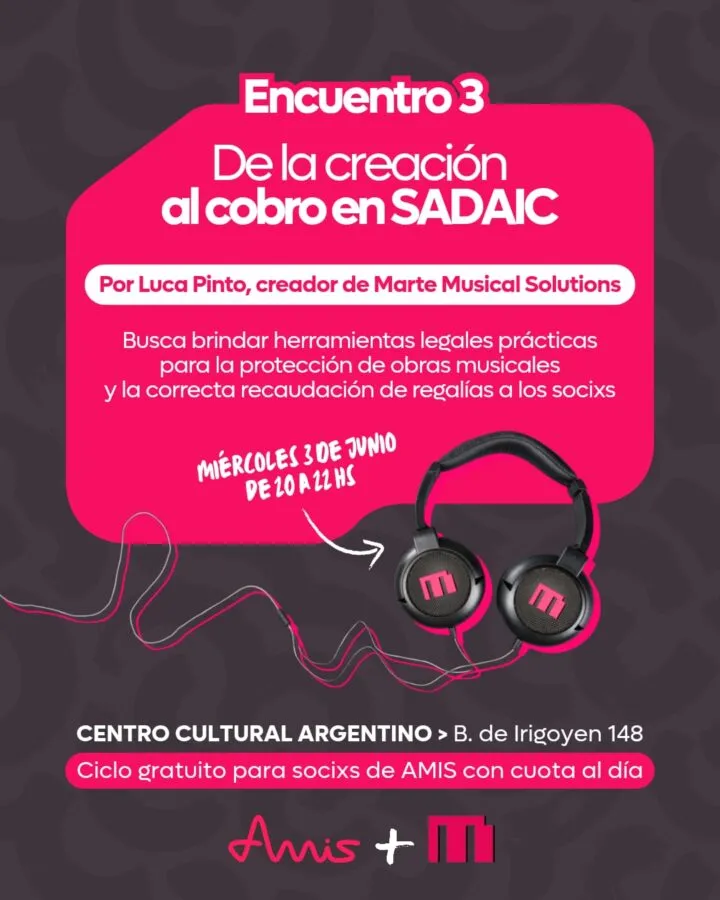 AMIS organiza una capacitación gratuita sobre SADAIC para músicos de San Rafael.