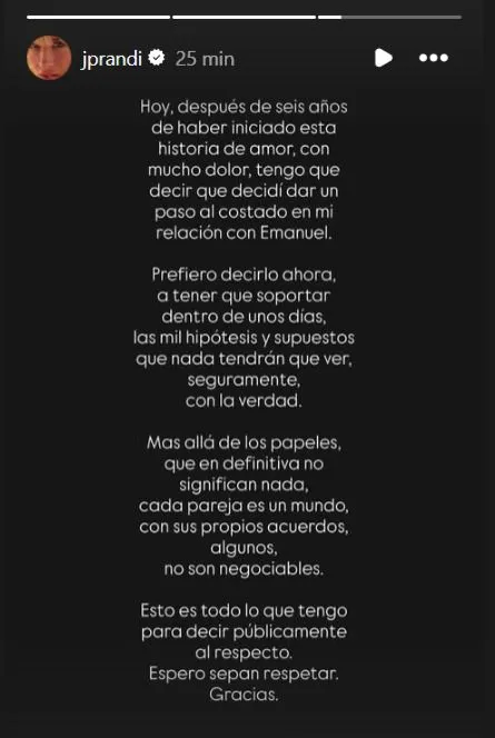En su comunicado, Prandi pidió respeto y evitó dar detalles sobre los motivos de la separación. En su comunicado, Prandi pidió respeto y evitó dar detalles sobre los motivos de la separación.