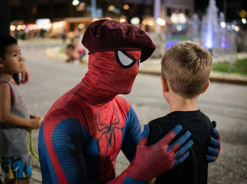 Spider Gaucho sorprende a los chicos con su particular traje de superhéroe y gaucho en San Rafael.